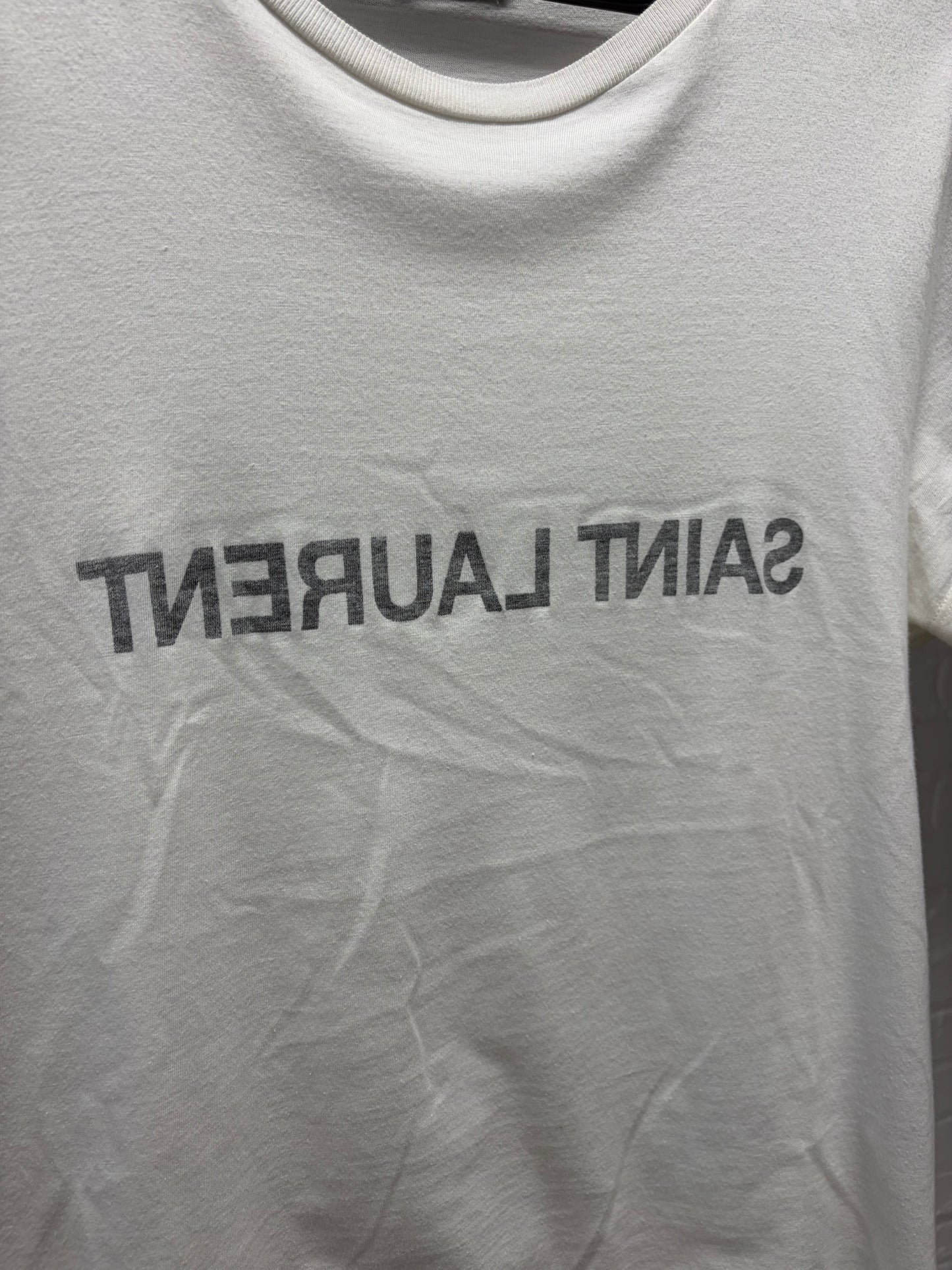 2021 Saint Laurent ‘Mirrored Logo’ Cropped Fit White Spell Out T-Shirt