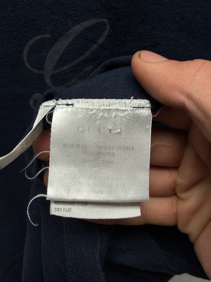 2000s Gucci ‘Cursive Script Logo’ Navy Blue Cotton T-Shirt