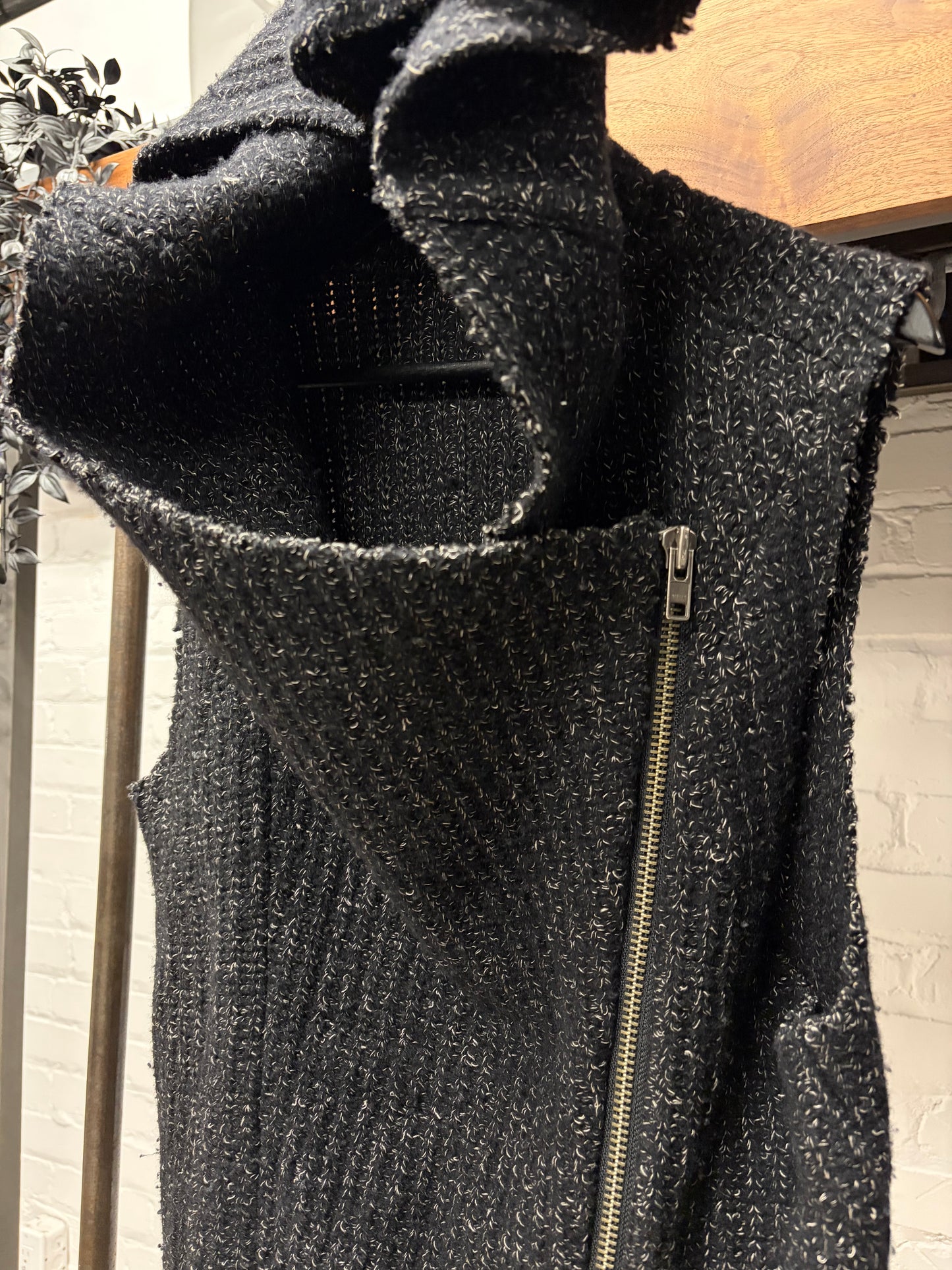 Helmut Lang Wool Asymmetric Zip Up Sleeveless Knit Hoodie