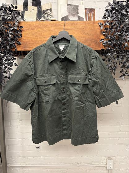 Bottega Veneta Military Green Oversized Collared Short Sleeve Work Shirt