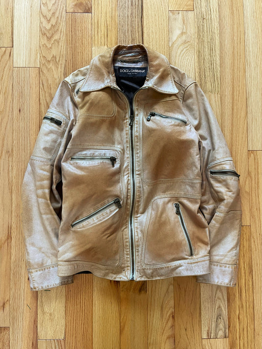 2000’s Dolce & Gabbana Mainline Runway Washed Brown Leather Jacket.