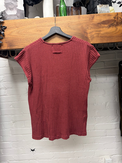 Vintage Jean Paul Gaultier Homme ‘Objet’ Ribbed Red Lace Up Short Sleeve T-Shirt