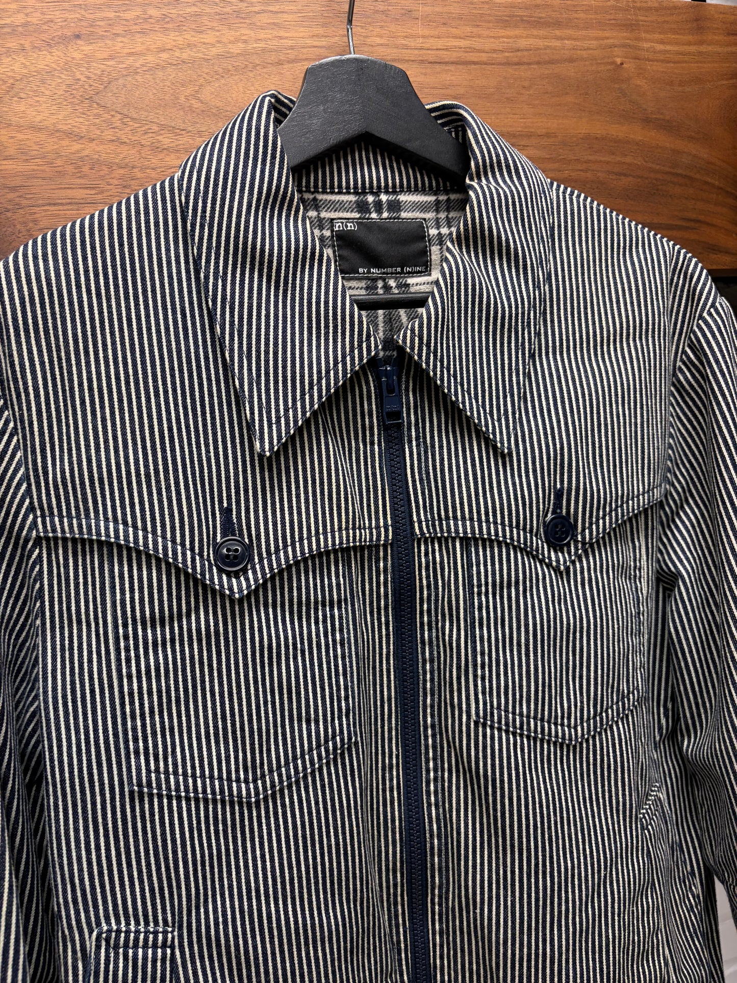 Number (N)ine Hickory Stripe Blue/White Zip-Up Denim Work Jacket