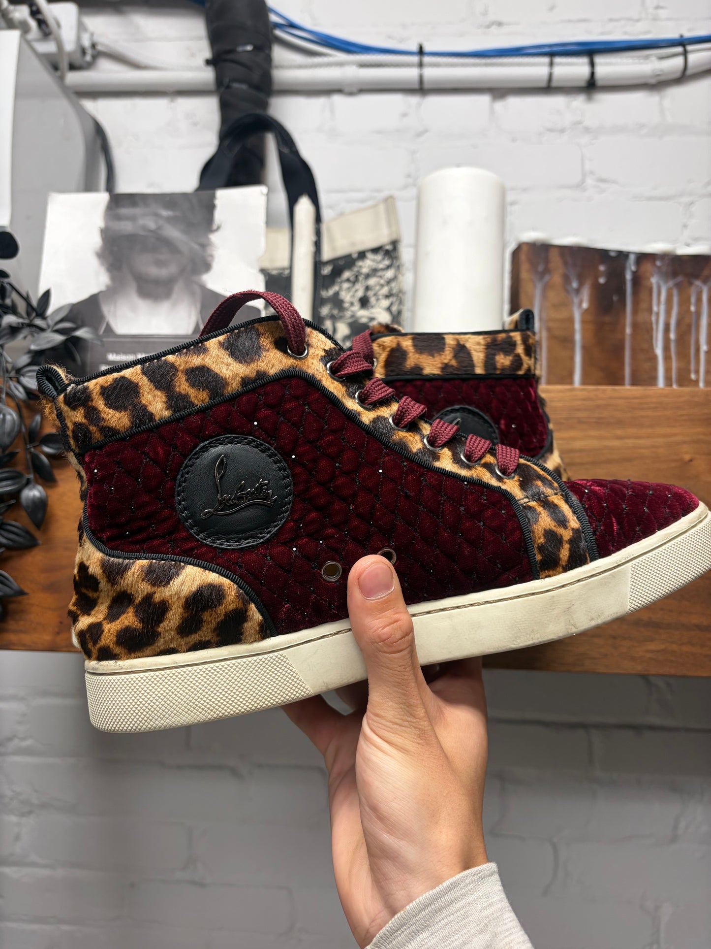 Christian Louboutin Leopard Pony Hair/ Red Velour High Top Sneakers