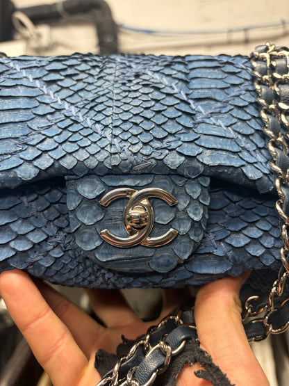 Chanel Blue Python Leather Classic ‘Flap Bag’ with Silver Hardware