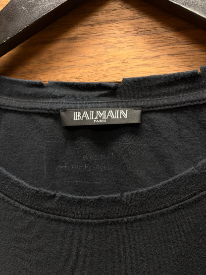 AW2016 Balmain Distressed Cotton Black Short Sleeve Shirt