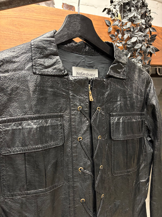 2007 Yves Saint Laurent Rive Gauche Lace Up Vinyl Waxed Black Jacket