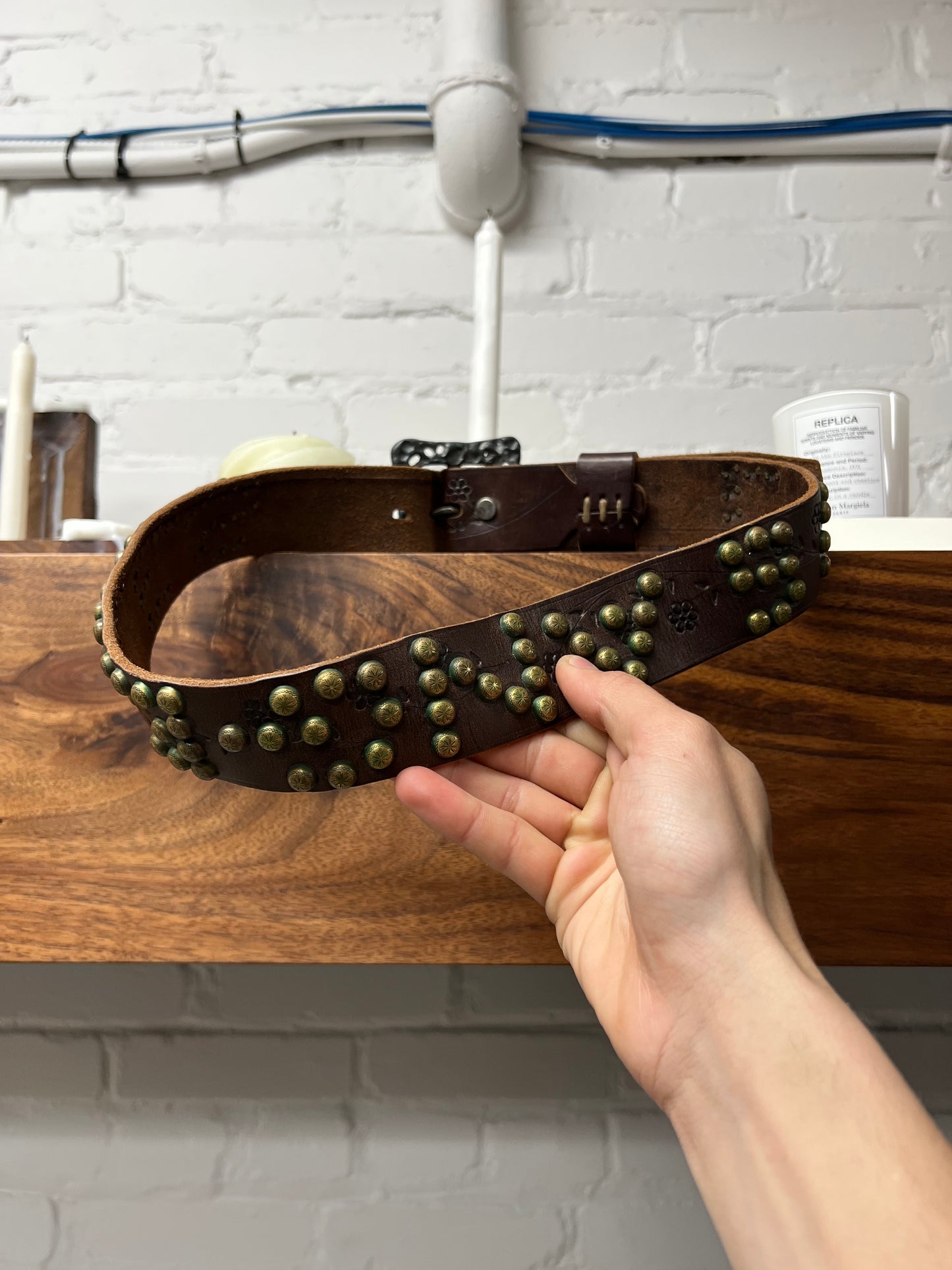 Great China Wall Studded Brass Leather Belt