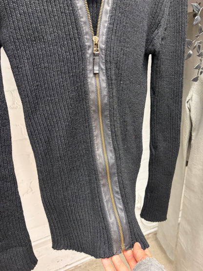 Vintage Jean Paul Gaultier Loose Gauge Knit Zip-Up Sweater with Leather Trim