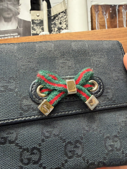 Gucci GG Black Canvas Monogram Bi-Fold Wallet with Bow