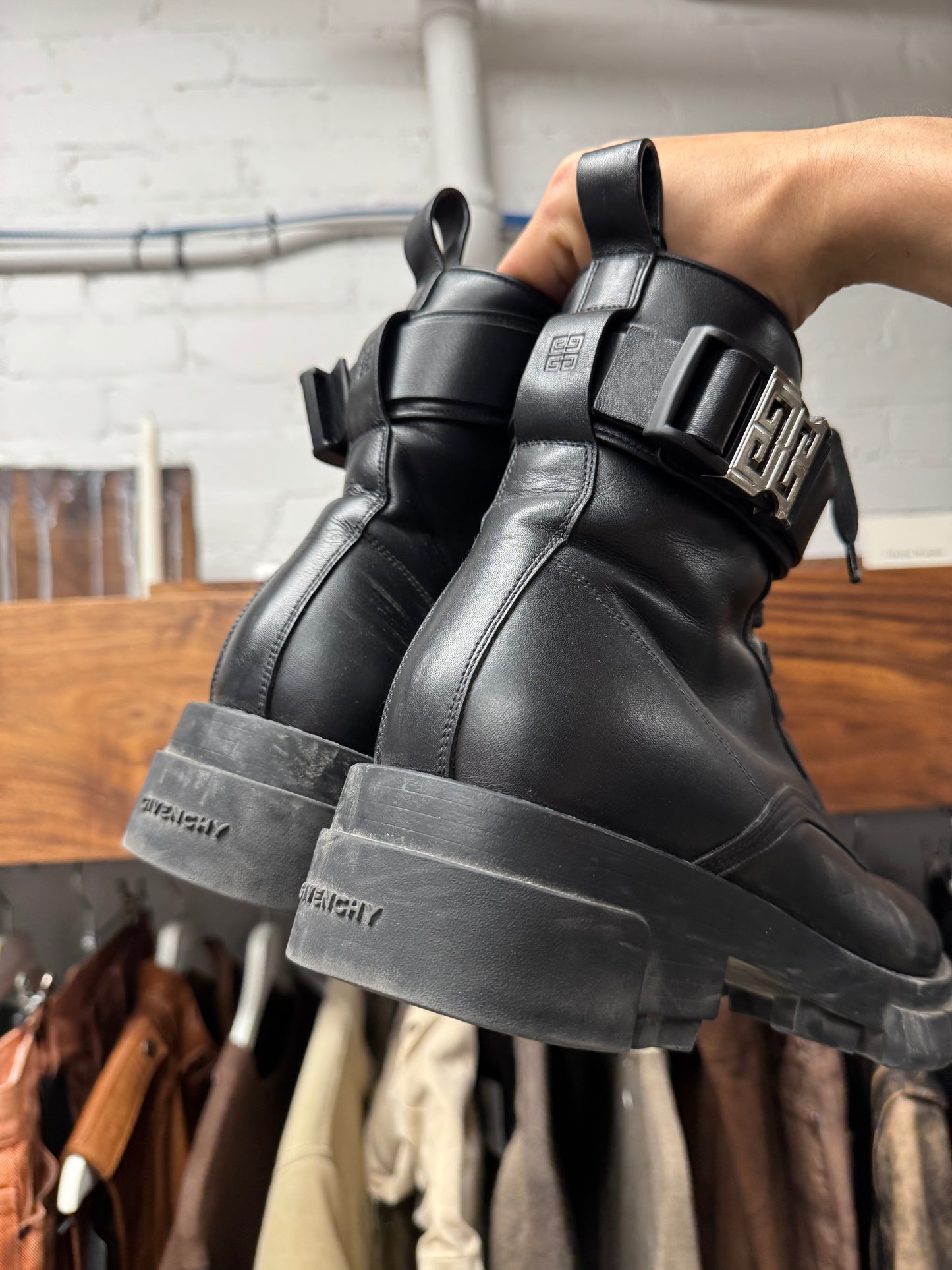 Givenchy ‘Terra’ Black Leather Buckle Combat Boots