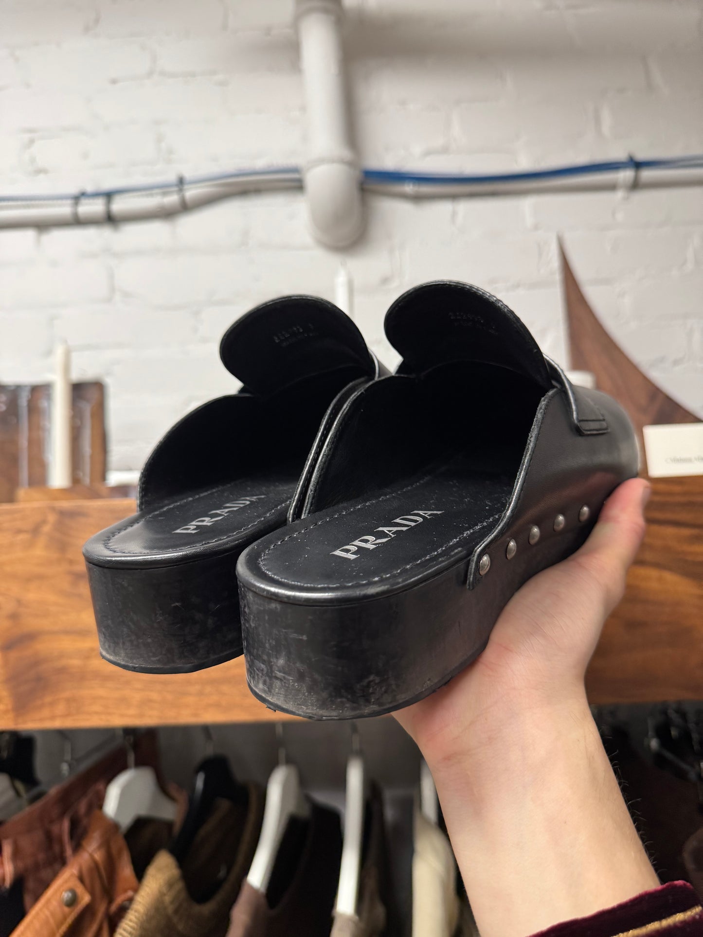 Prada Leather Studded Wood Sole Clogs