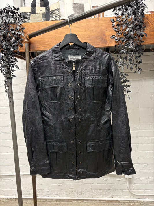 2007 Yves Saint Laurent Rive Gauche Lace Up Vinyl Waxed Black Jacket