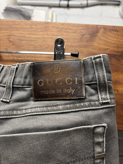 2010s Gucci Faded Grey Skinny Jeans with Leather Back Tab