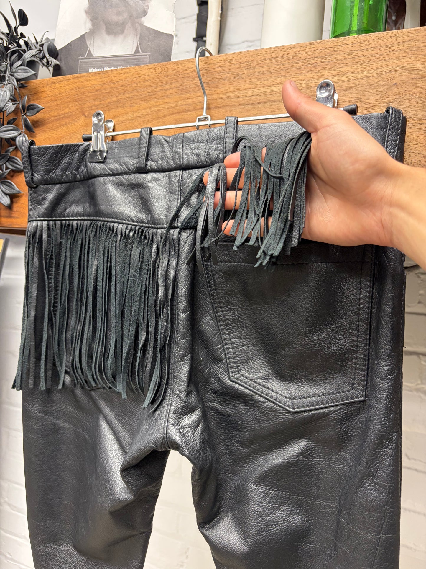 AW1998 Raf Simons ‘Black Palms’ Fringe Pocket Black Lambskin Leather Skinny Pants