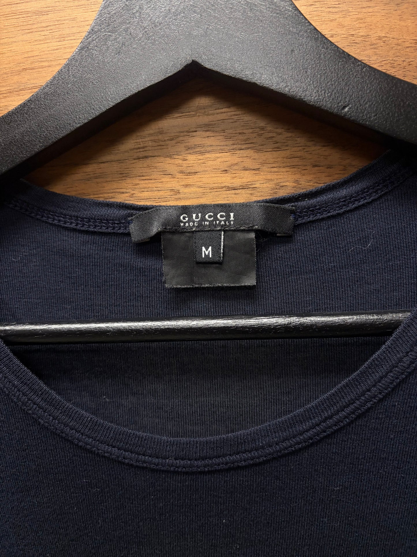 Gucci Blank Navy Blue Cotton T-Shirt with Ribbed Cuff Sleeves
