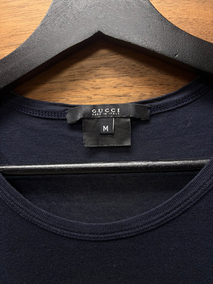 Gucci Blank Navy Blue Cotton T-Shirt with Ribbed Cuff Sleeves