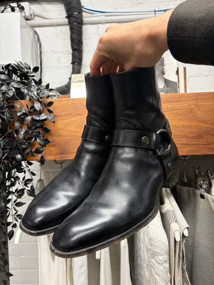 Saint Laurent Black Leather ‘Wyatt’ Harness Pointed Toe Boots
