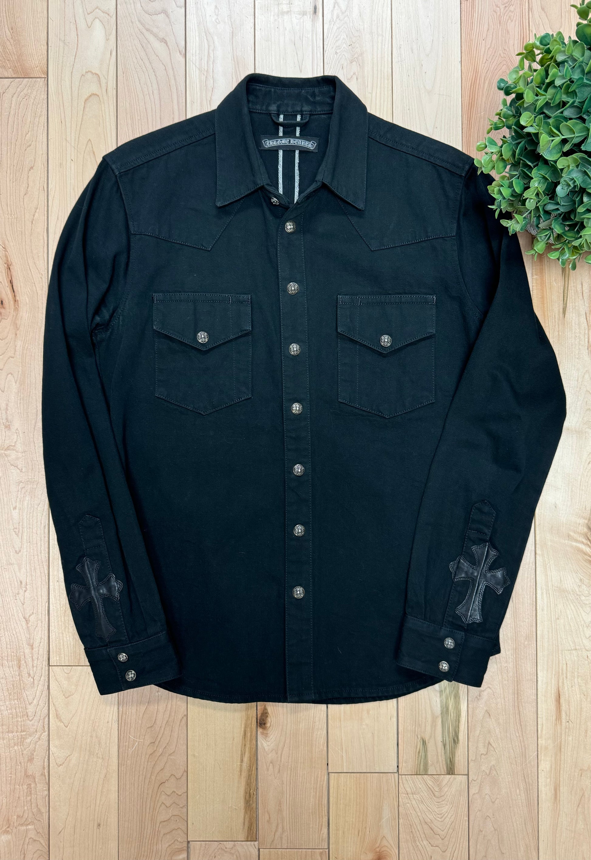 Chrome Hearts Leather Cross Patch Denim Western Shirt Alex Maxamenko Chrome Hearts Leather Cross Patch Denim Western Shirt Alex Maxamenko