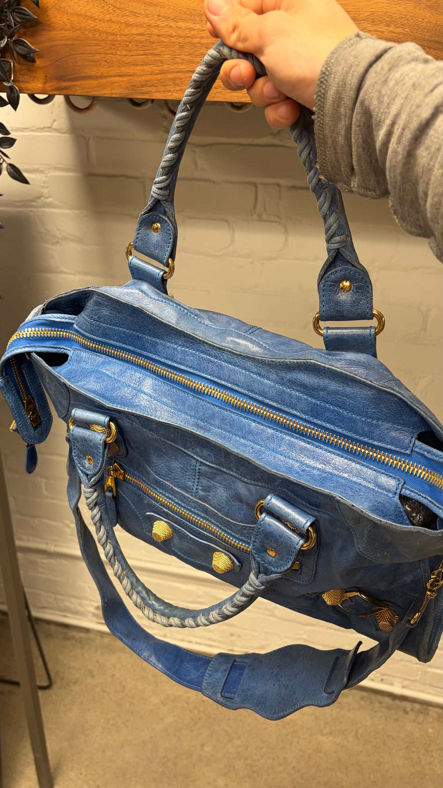 Balenciaga Aquamarine ‘City Bag’ with Gold Hardware and Crossbody Strap