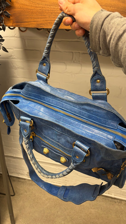 Balenciaga Aquamarine ‘City Bag’ with Gold Hardware and Crossbody Strap