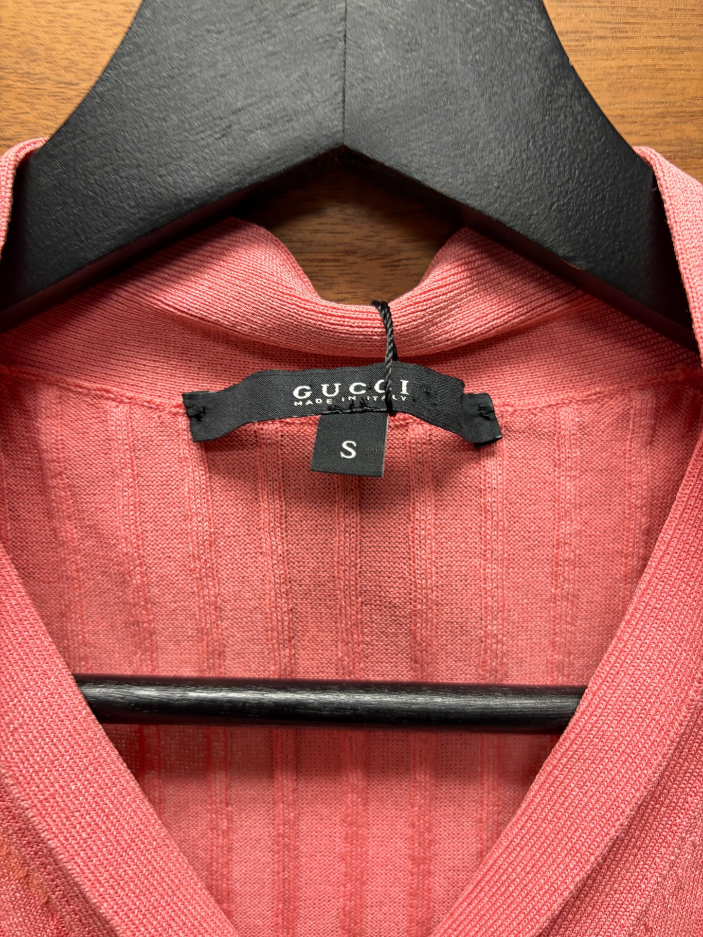 Vintage Gucci Pink Ribbed Knit Sleeveless Sweater with Silver Crest Placket