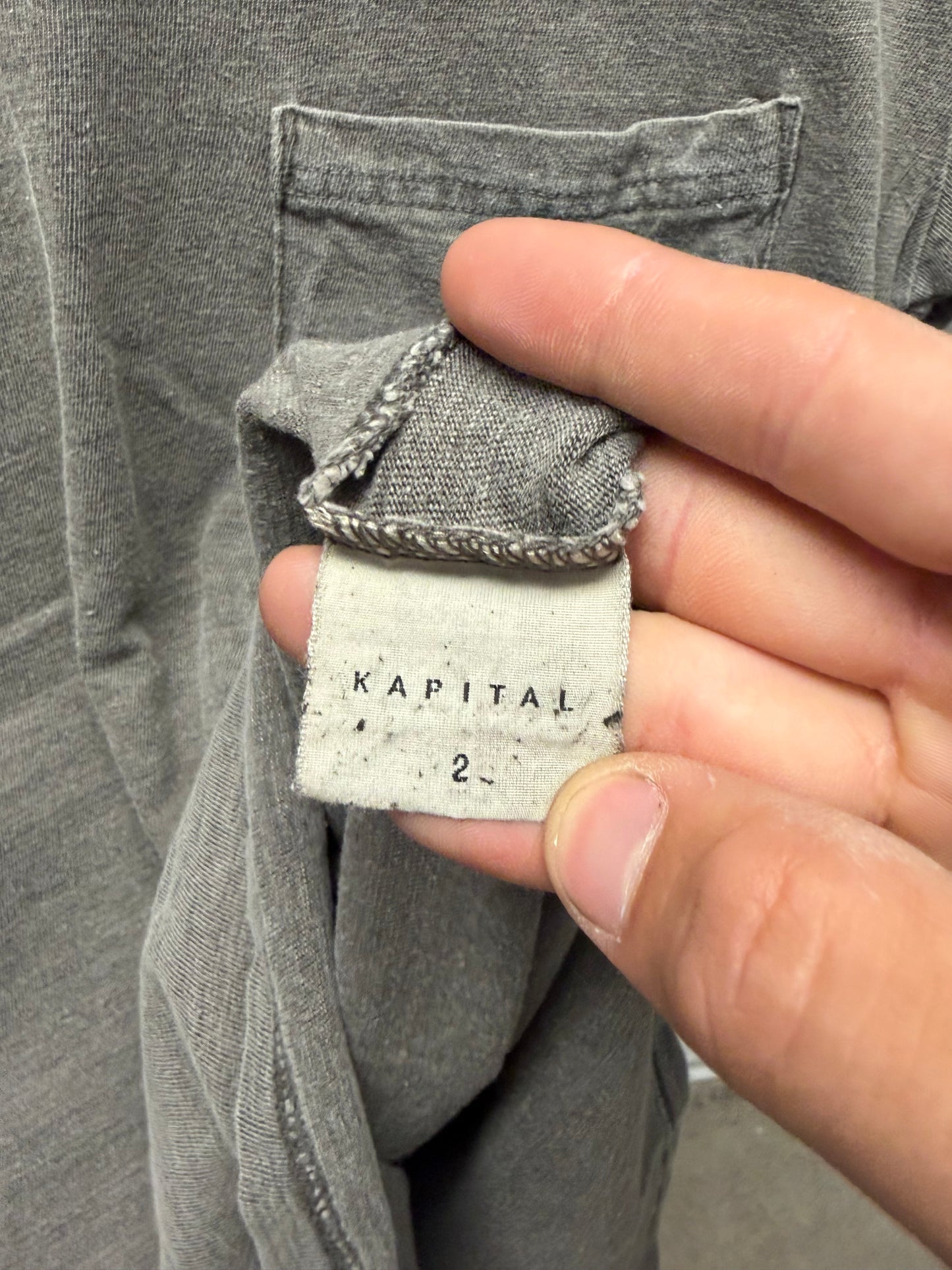 Kapital Stone Washed Grey Cotton V-Neck Shirt with Sashiko Repairs