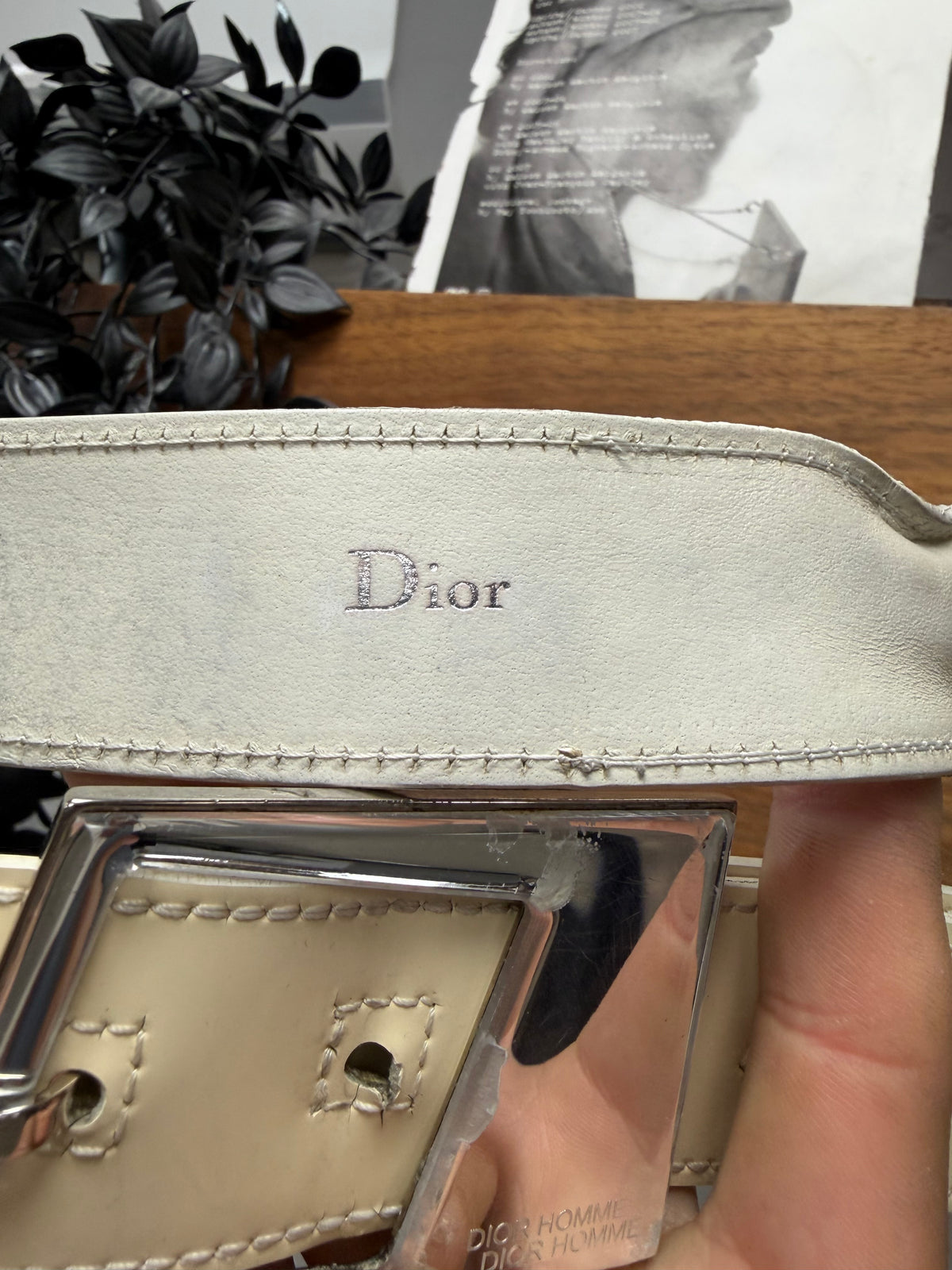 2009 Dior Homme Thin White Leather Belt with Angular Silver Buckle