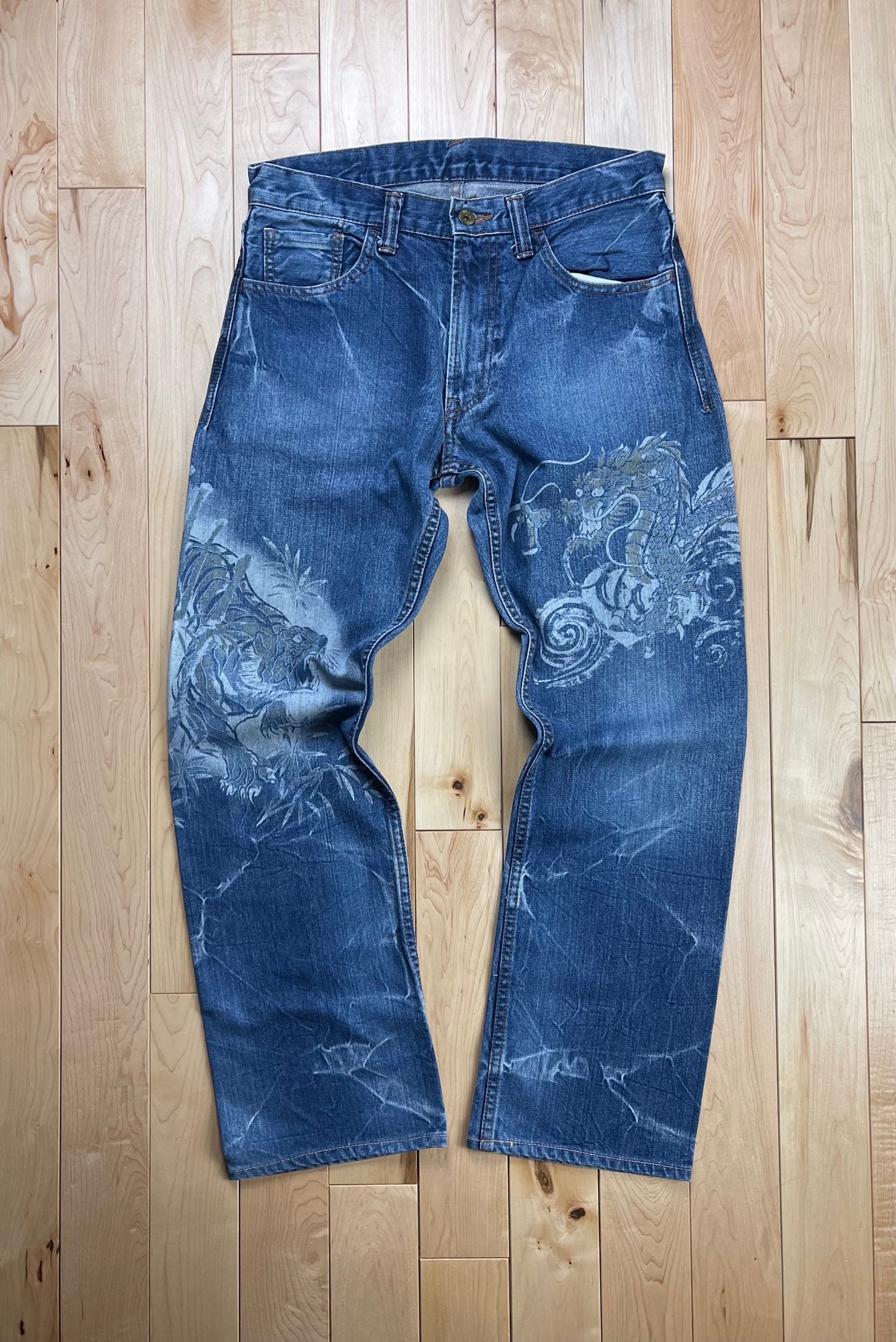 Eternal Tiger & Dragon Blue Washed Wide Cut Denim