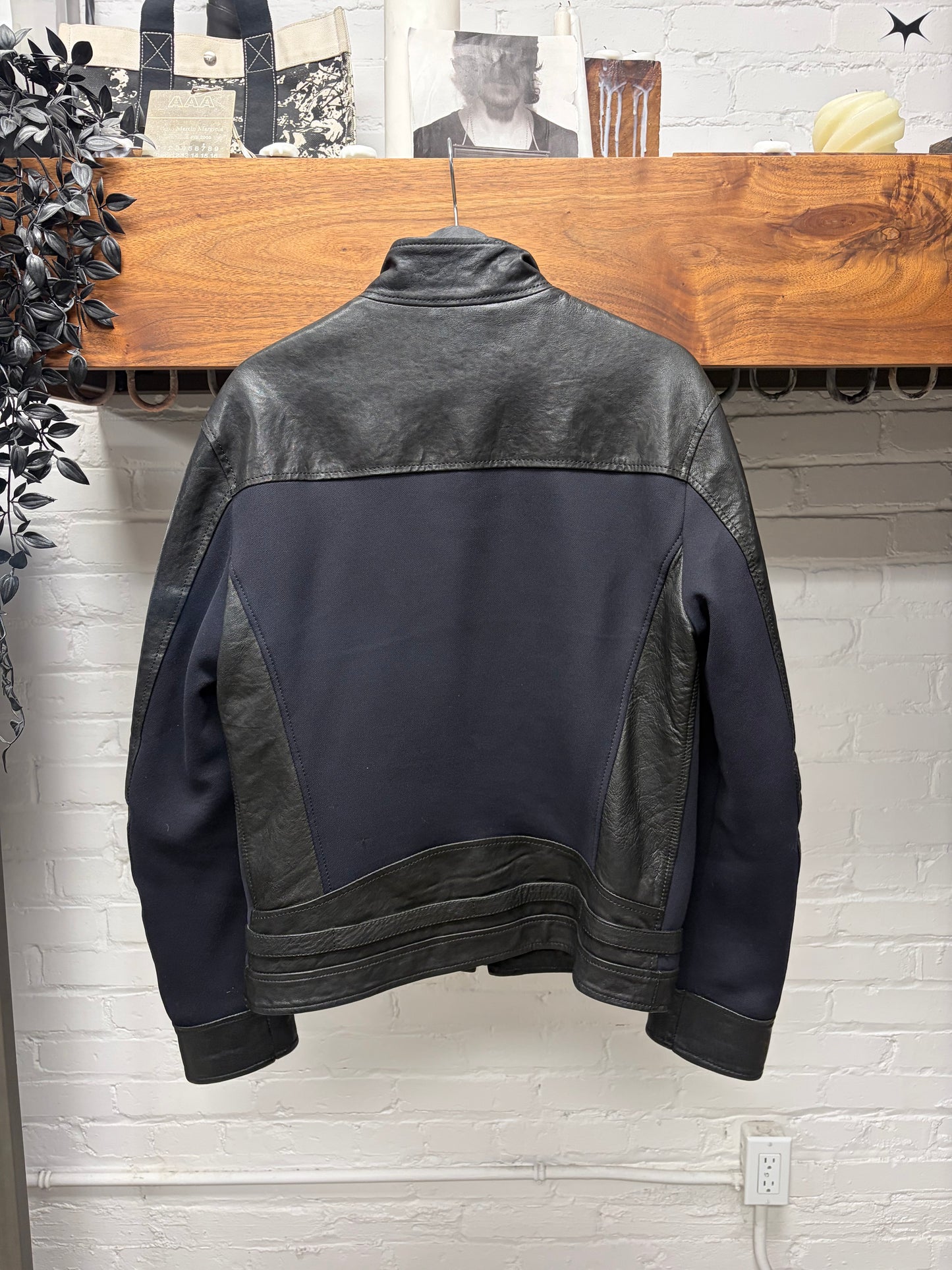 Dirk Bikkembergs Leather Moto Jacket with Navy Blue Panelling