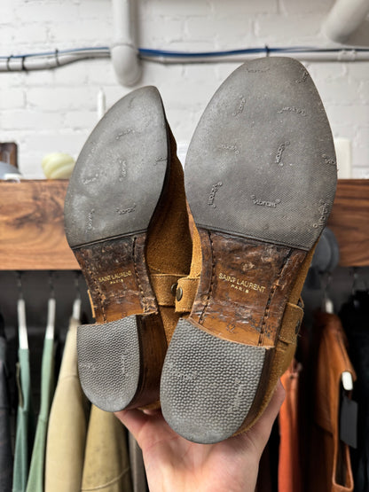 Saint Laurent ‘Wyatt’ Brown Suede Harness Boots