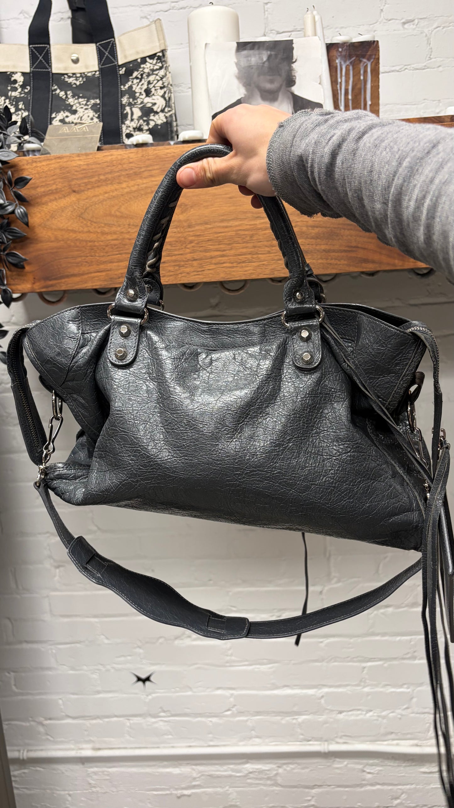 Balenciaga Grey Lambskin Leather ‘City Bag’ with Silver Hardware & Crossbody Strap