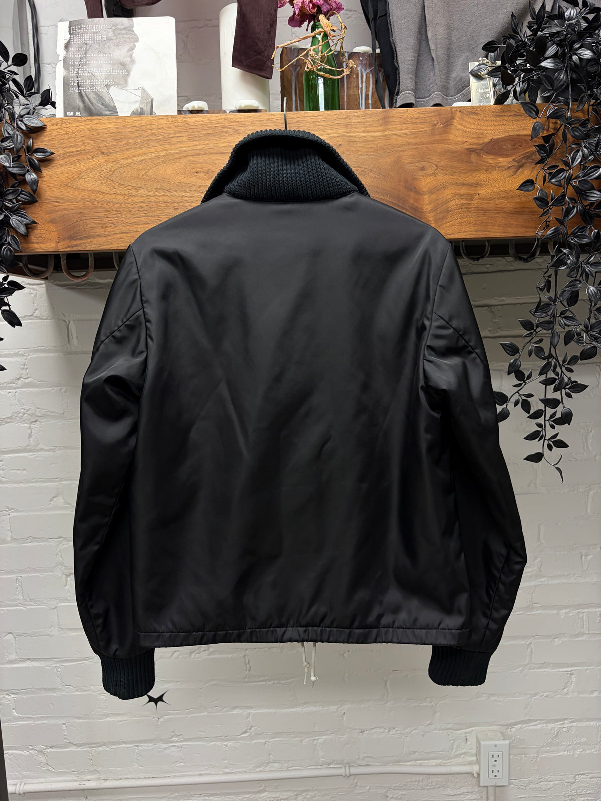2019 Prada Black Gabardine Nylon Half-Zip Windbreaker Jacket With Ribbed Collar