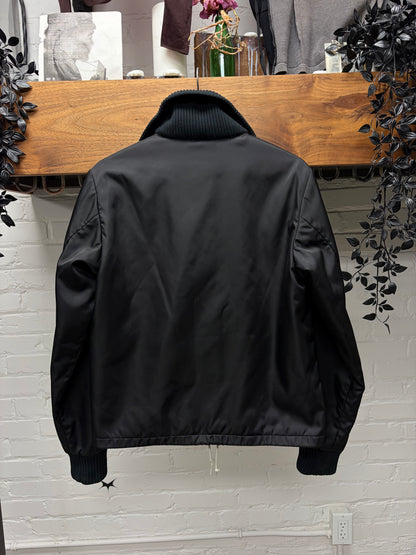 2019 Prada Black Gabardine Nylon Half-Zip Windbreaker Jacket With Ribbed Collar