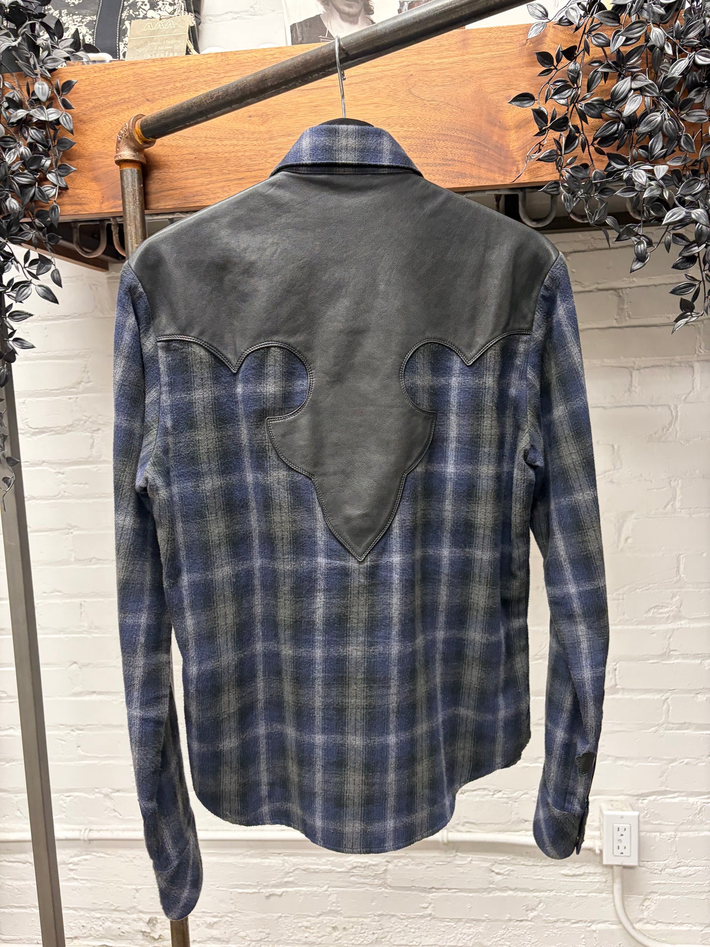 Chrome Hearts Leather Cross Patch ‘Fleur Back’ Western Plaid Flannel Shirt