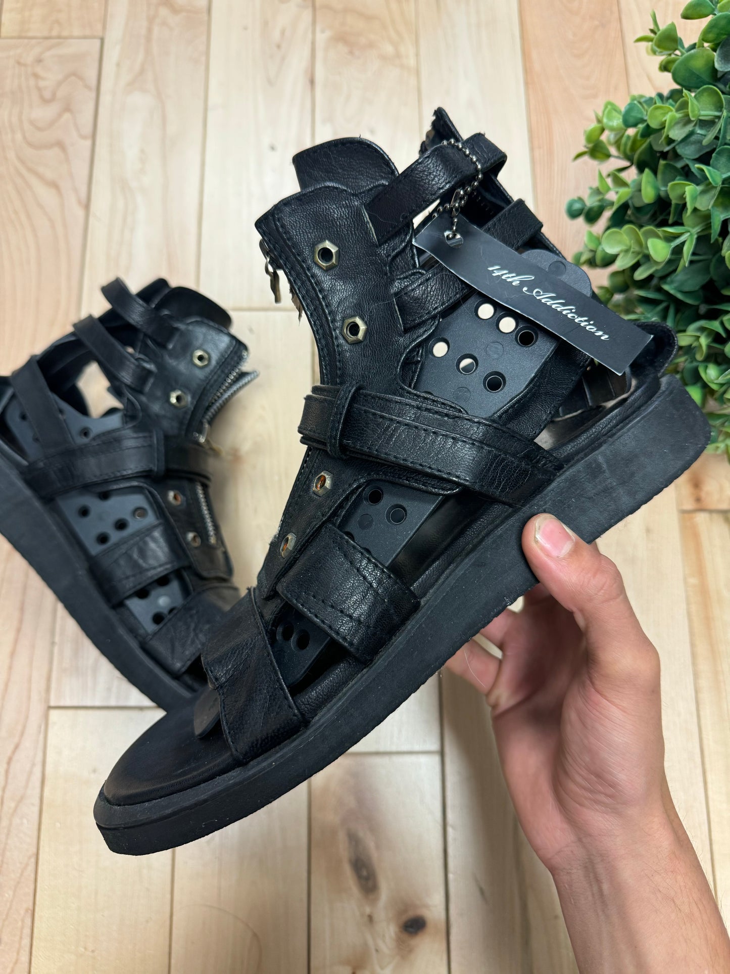 14th Addiction Black Calfskin Leather ‘Gladiator’ Spartan High Top Sandals