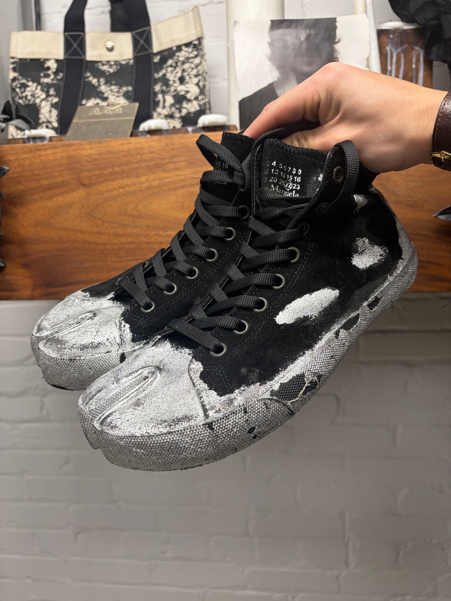 Maison Margiela Tabi Split Toe Silver Paint High Top Sneakers