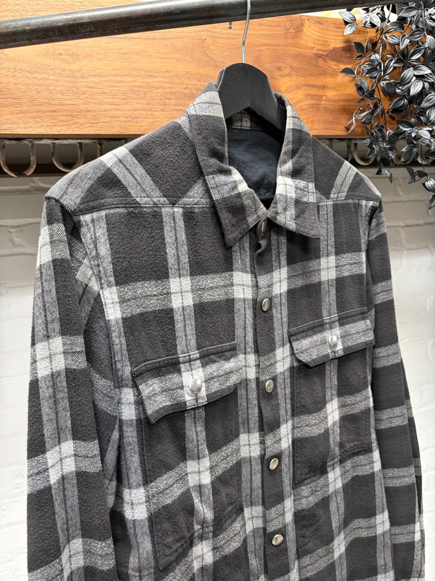 SS2019 Rick Owens ‘Babel’ Plaid Flannel Shoulder-Strap Work Shirt