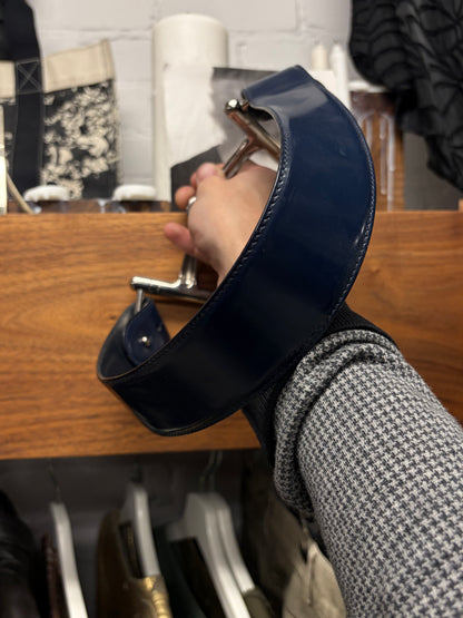 Gucci ‘Horsebit’ Blue Patent Leather Belt with Silver Buckle