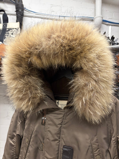 G.O.A. Fur Hooded Brown Military Long Bomber Coat