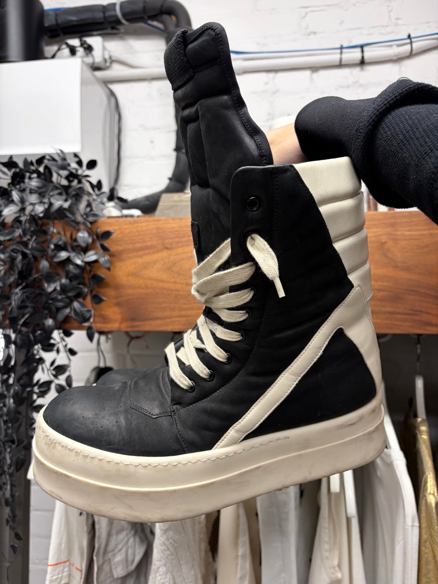 AW2024 Rick Owens ‘Mega Bumper’ Geobasket Black/Milk Leather High Top Sneakers