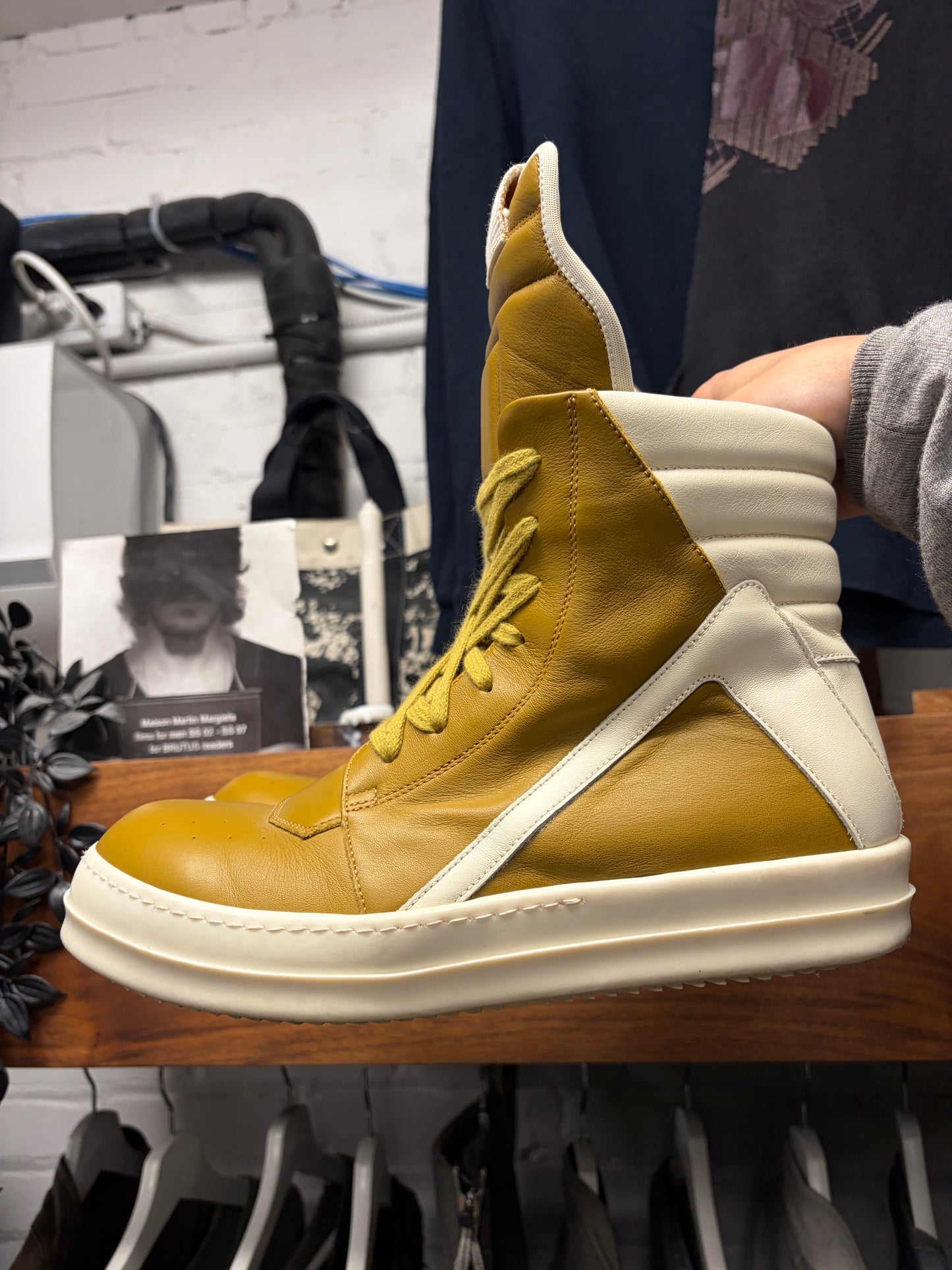 Rick Owens ‘Geobasket’ Mustard/Milk Leather High Top Sneakers