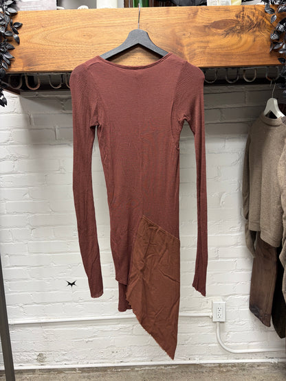 AW2003 Rick Owens ‘Trucker’ Dark Cherry Asymmetric Drape Long Sleeve Shirt