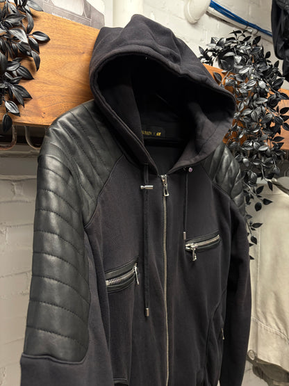 AW2015 Balmain x H&M Leather Moto Padded Black Biker Zip-Up Hoodie