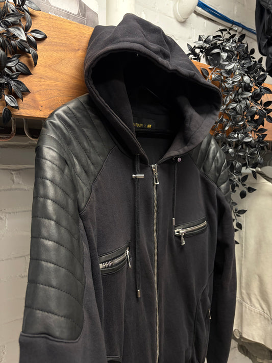 AW2015 Balmain x H&M Leather Moto Padded Black Biker Zip-Up Hoodie