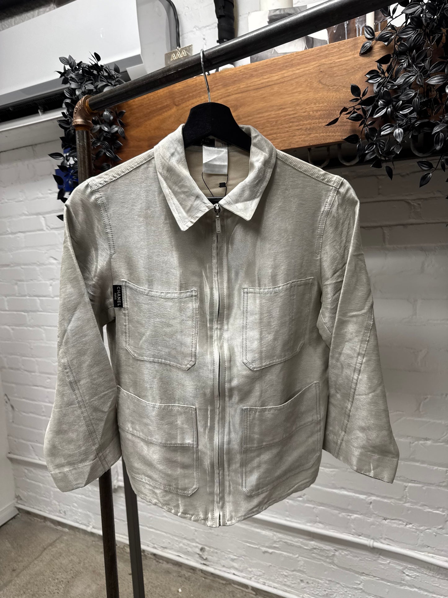 Vintage Chanel Metallic Silver Zip-Up Collared Jacket