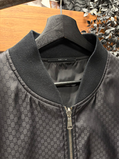 2010s Gucci GG ‘Interlock Monogram’ Silk Lined Black Bomber Jacket