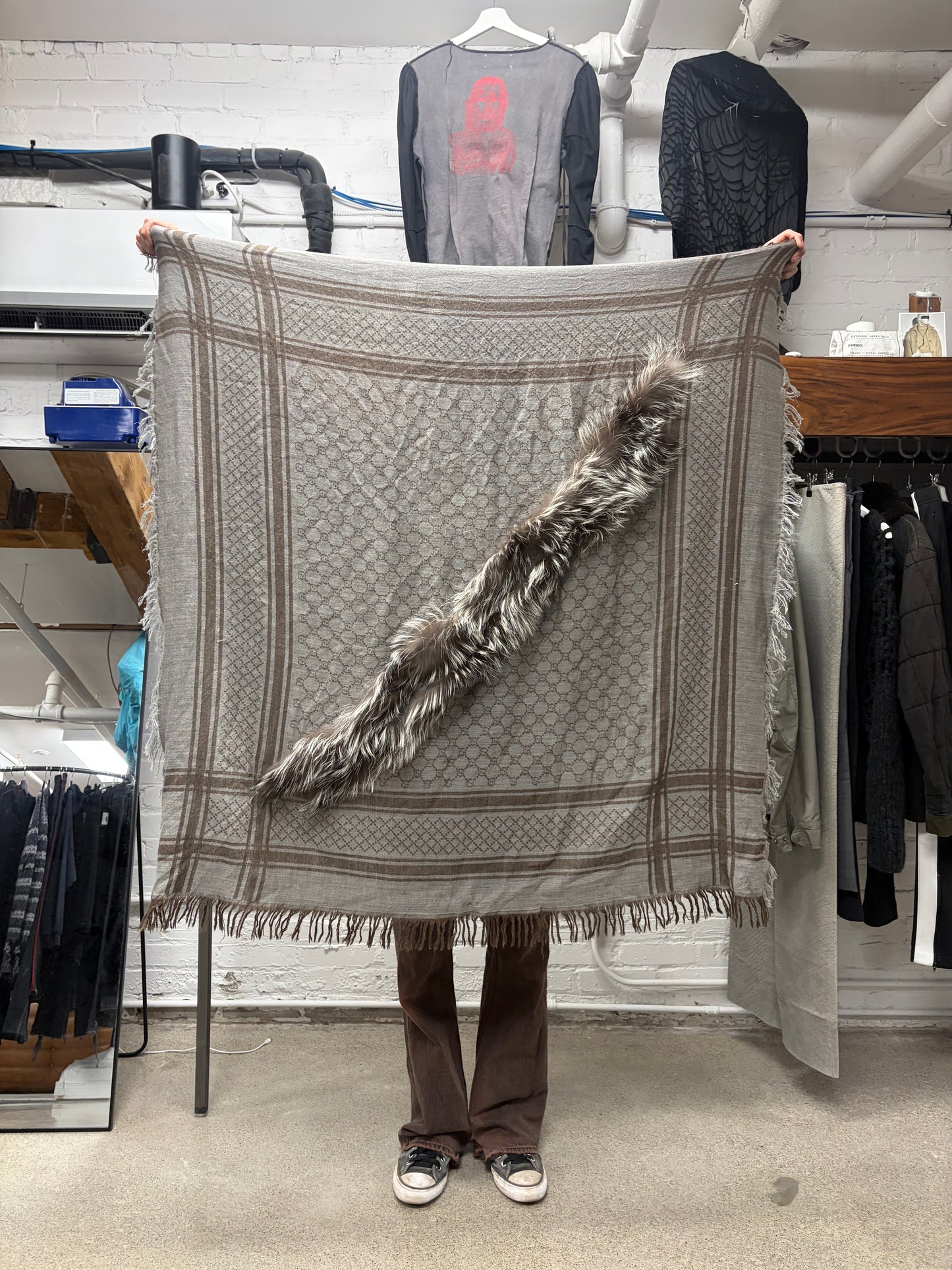 2000s Gucci Genuine Fox Fur Trim GG Monogram Scarf