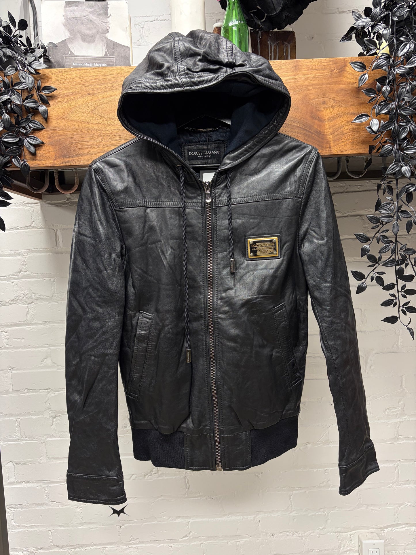 Dolce and Gabbana ‘Mainline’ Hooded Black Lambskin Leather Zip-Up Jacket