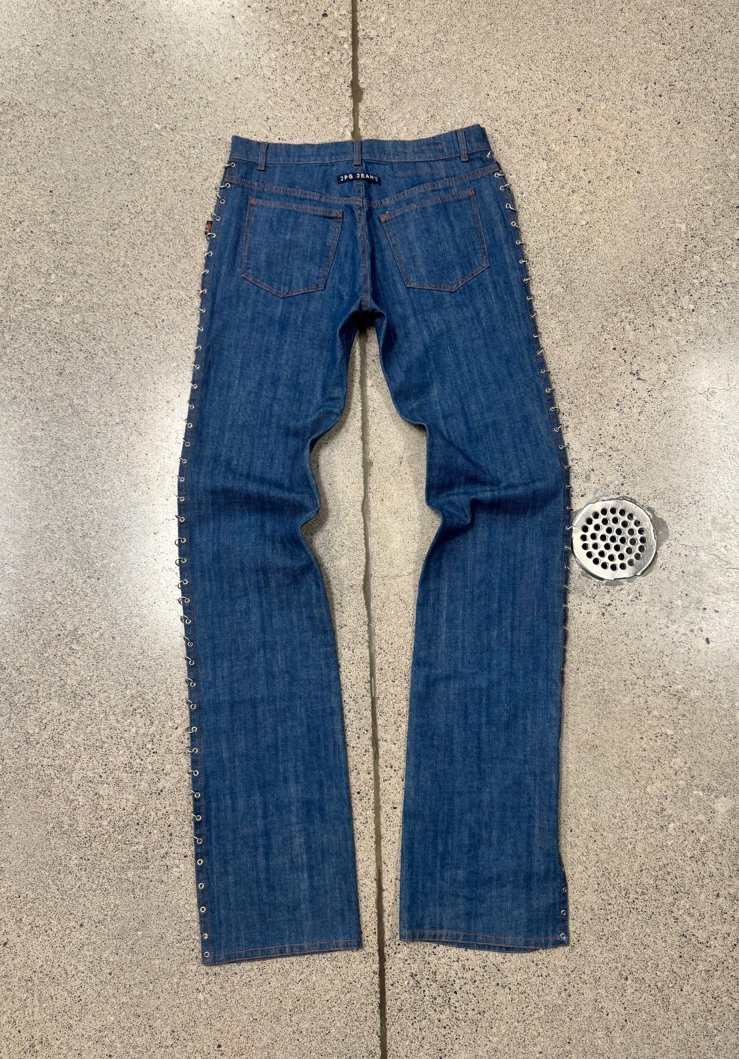 AW2003 Jean Paul Gaultier ‘Chain Mail’ Piercing Blue Bootcut Denim